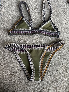 KIINI Olive Green Crochet-Trim Bikini with Multicolor Accents